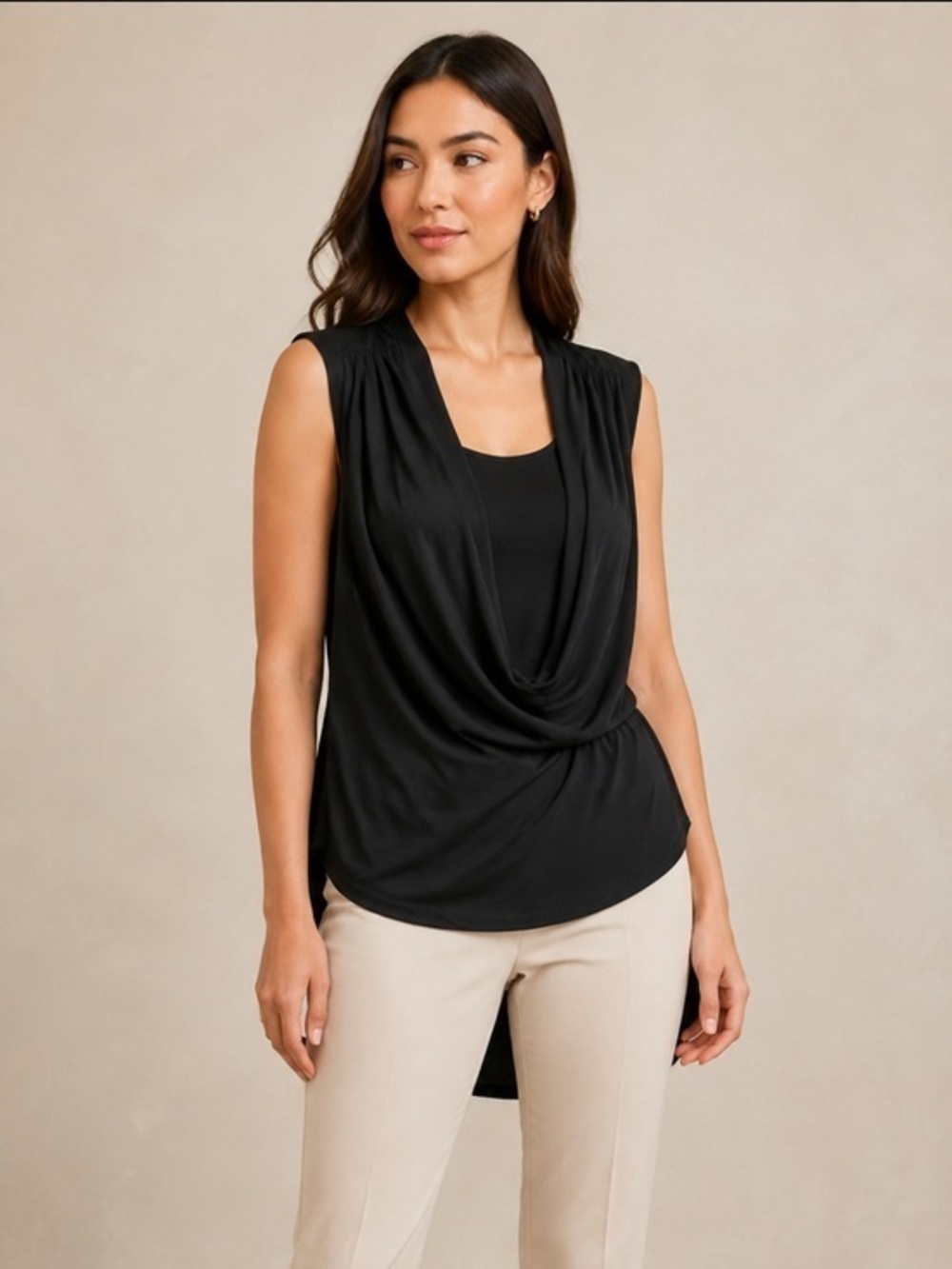 BCBG Max Azria Black Draped Cowl Neck Sleeveless Blouse Top Medium